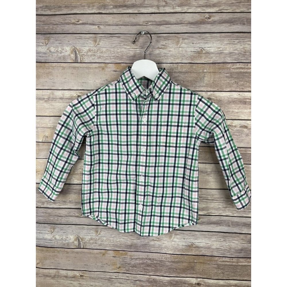 Janie and Jack Size 3 Plaid Button Up Shirt White Blue Green Collared Long Slv